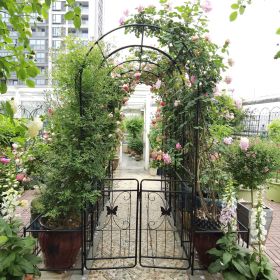 Metal Garden Arch with Gate and Plant Pot Garden Arbor Trellis Climbing Plants Support Rose Arch Black